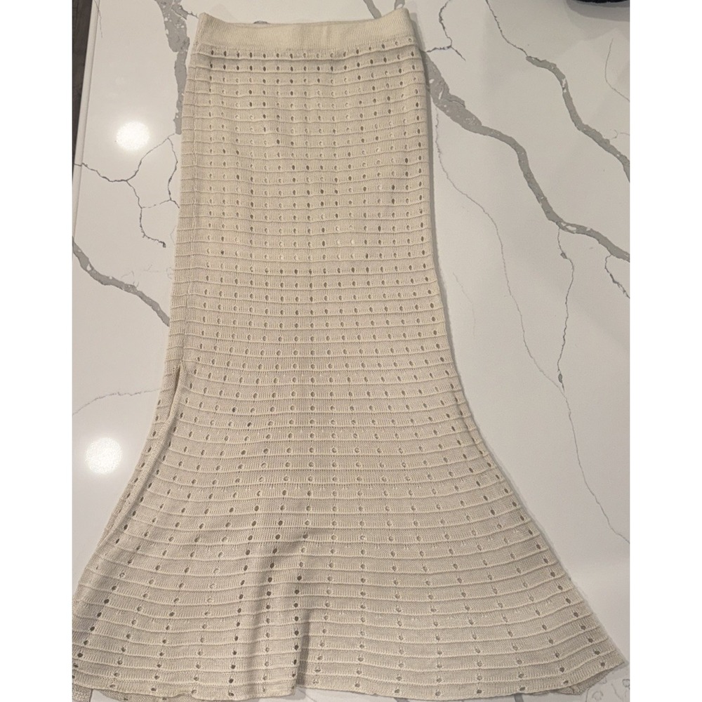 Venus Cream Pointelle Knit Maxi Skirt Ivory Crochet Mermaid Flare Size Large
